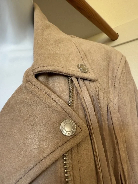 Abercrombie & Fitch Faux Suede Fringe Moto Jacket Tan 🧥 L - Picture 3 of 7